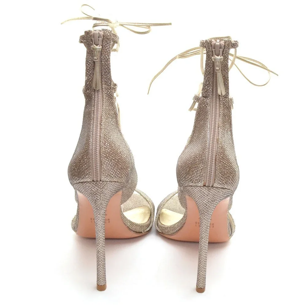 Ladies Stuart Weitzman Leg Wrap Gold Glitter Sandal 9 M